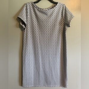 LOFT White and Gray Geometric Printed Short-Sleeve Midi Shift Dress size large